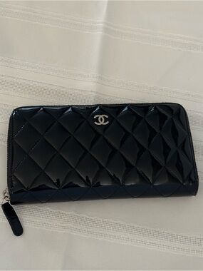 Authentic CHANEL Black Quilted Patent Leather Zip-Around Wallet with Silver CC